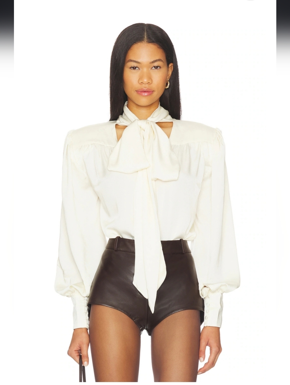Revana Satin Tie Neck Blouse in Ivory